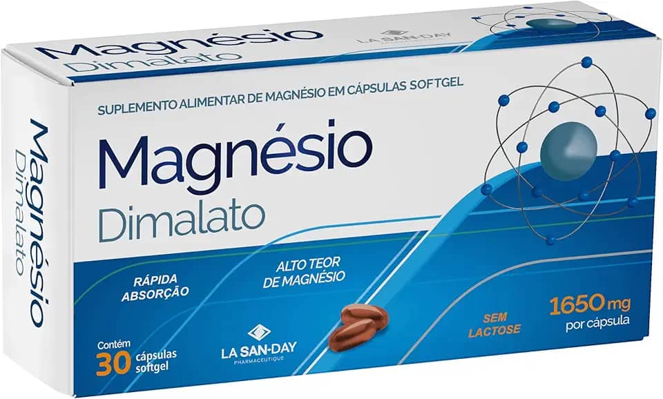 Magnésio Dimalato (30 Cápsulas) - Auxilia na redução do stress, ansiedade e depressão, Auxilia na formação de ossos e dentes, Auxilia na prevenção de dores articulares e musculares