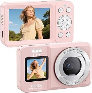 Basike Câmera Fotográfica Digital 4K UHD 64MP, Zoom 18X, Tela Dupla com Flash, Foco Automático e Time-Lapse, para Iniciantes, Jovens e Viagens, Compacta, Criativa e Portátil – Rosa