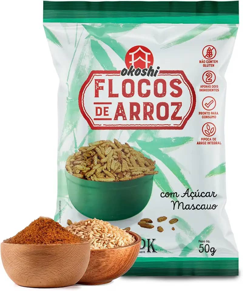 OKOSHI - Flocos de Arroz com Açúcar Mascavo - Snacks Saudáveis de Baixa Caloria, Lanches Fit para a Dieta - Vegano, Sem Glúten, Sem Lactose, Sem Gordura Trans, Kosher - 50g