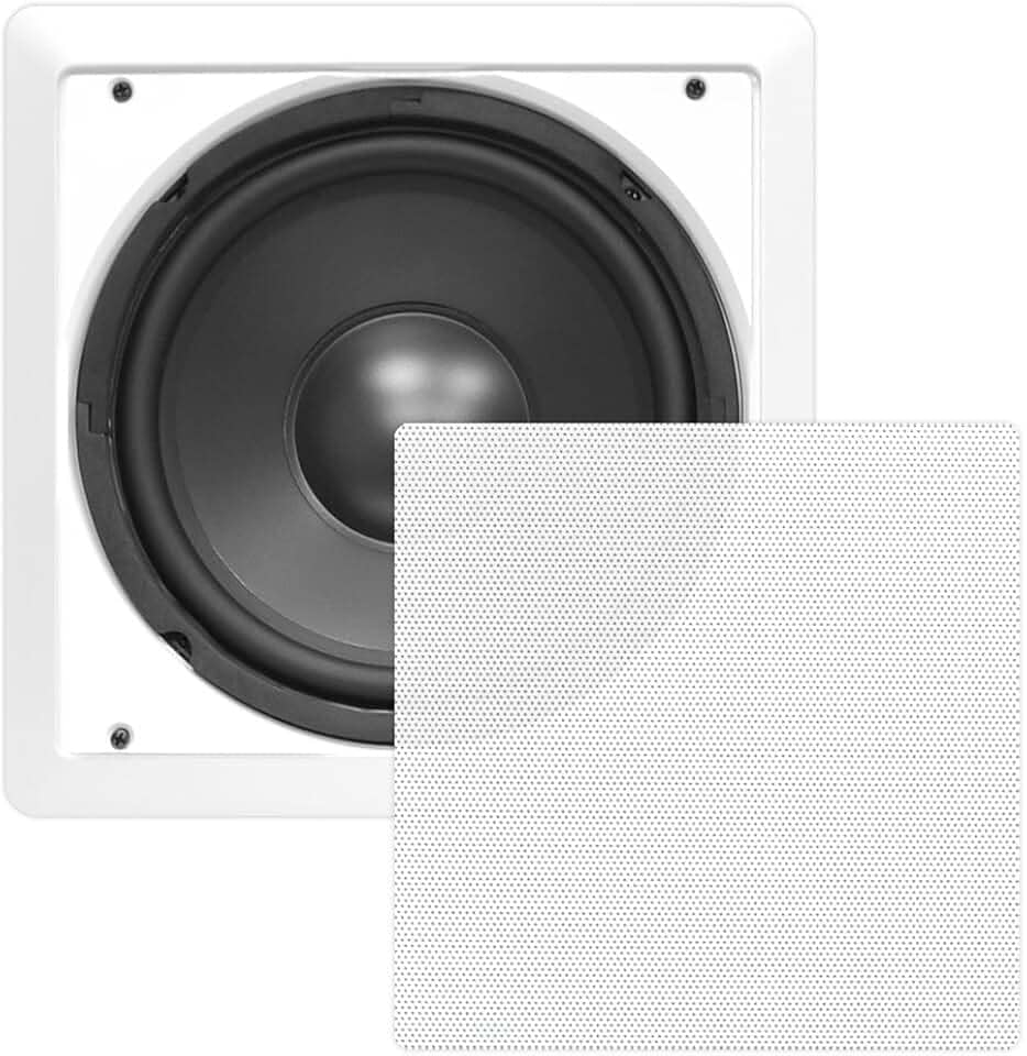 Pyle PDIWS10 Sistema de subwoofer de alta potência de 25,4 cm na parede/no teto, DVC, montagem nivelada, branco, alto-falante único