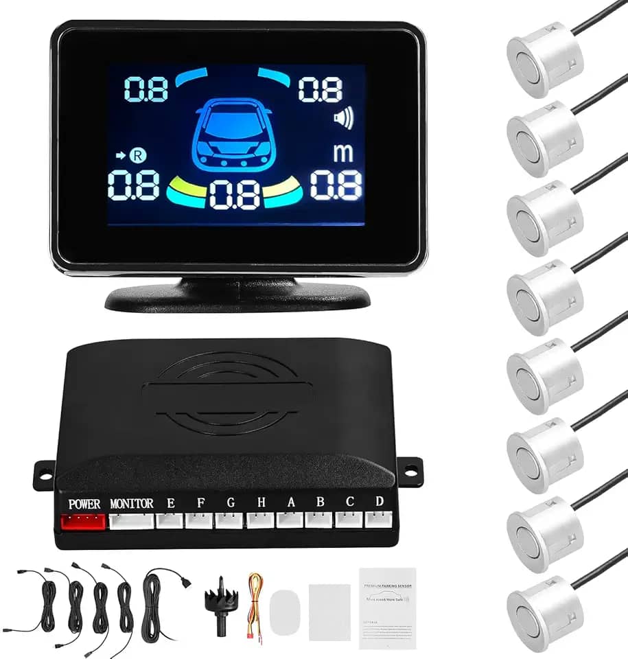 Sensor de Estacionamento Carro Radares Ré Dianteiro e Traseiro com 8 Sensores Detecção Distância Display LCD Alerta Sonoro Buzzer Mudo Volumes Ajustáveis Múltiplos Modos Alarme Preciso Confiável Fácil