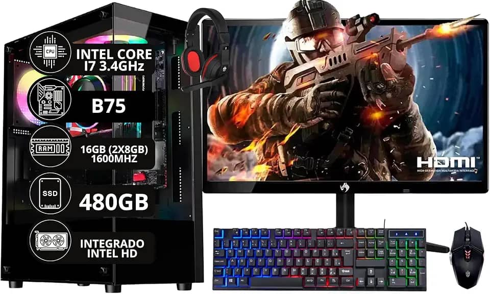 PC Gamer Completo Intel Core I7 3.4GHz 16GB DDR3 SSD 480GB Monitor 21,5" Kit Gamer - Escolha a placa de vídeo (ONBOARD)