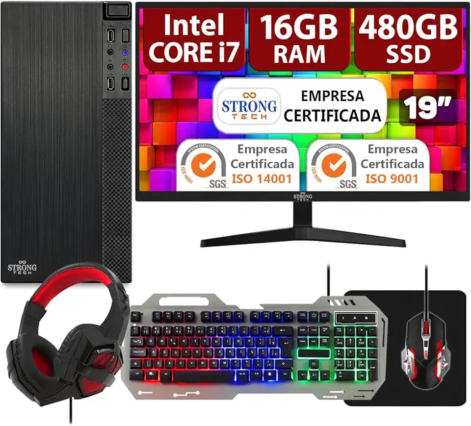 Computador Pc Gamer Completo Intel Core i7 16GB SSD 480GB Monitor 19 Kit Gamer Strong Tech