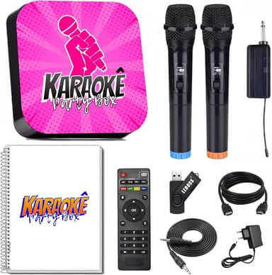 Karaoke Party Box Rosa +2 Microfones Sem Fio +de 2000 Músicas +Catalogo Encadernado (Com Pontuação) (Não Precisa de Internet) Jukebox ORIGINAL (Com Lista de Espera)