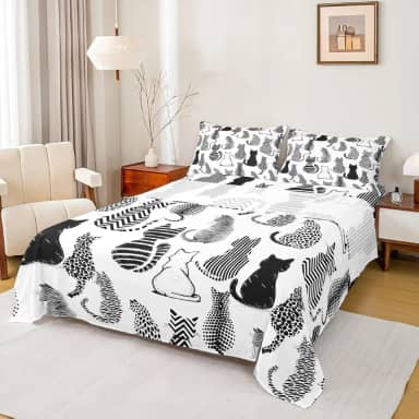 Jogo de lençol casal com estampa de gato fofo, 4 peças, listrado, bolinhas, adolescentes, silhueta de gato (1 elástico, 1 lençol de cima, 2 fronhas) lençol de cama luxuoso com bolso profundo