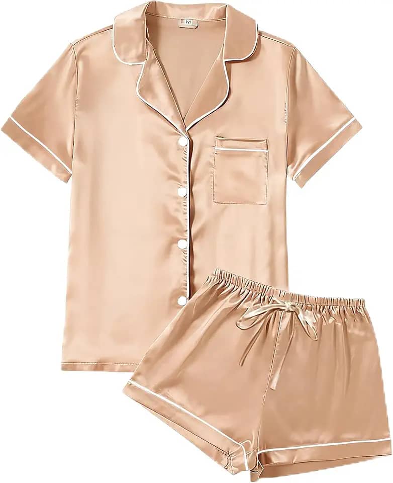 Pijama feminino de manga curta com botões macios, conjunto de 2 peças de shorts de cetim