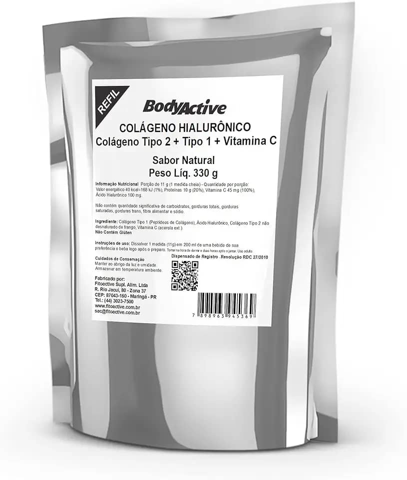Ácido Hialurônico Com Colágeno Tipo 2 Tipo 1 E Vitamina C Em Pó Refil 330 G Bodyactive
