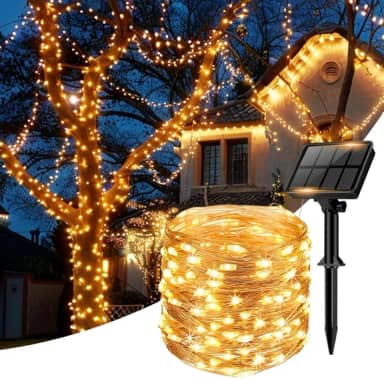 Fio fada LED Solar para Decoração, 100 LEDs, 10 Metros, Iluminação para Natal e Jardim, 8 Modos, Areas Externas (Branco Quente 100 Leds)