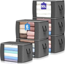 Sacos de armazenamento grandes de 90L, pacote com 6 caixas de armazenamento de roupas, organizadores de armário dobráveis recipientes de armazenamento com alça durável para roupas, cobertor, edredom, lençóis, travesseiros e brinquedos (cinza)