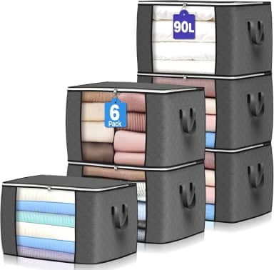 Sacos de armazenamento grandes de 90L, pacote com 6 caixas de armazenamento de roupas, organizadores de armário dobráveis recipientes de armazenamento com alça durável para roupas, cobertor, edredom, lençóis, travesseiros e brinquedos (cinza)