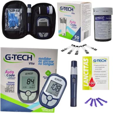 Kit Medidor de Glicose G-Tech Vita Com 60 Tiras + 110 Lancetas E Caneta Lancetadora - Glicosímetro Glicemia