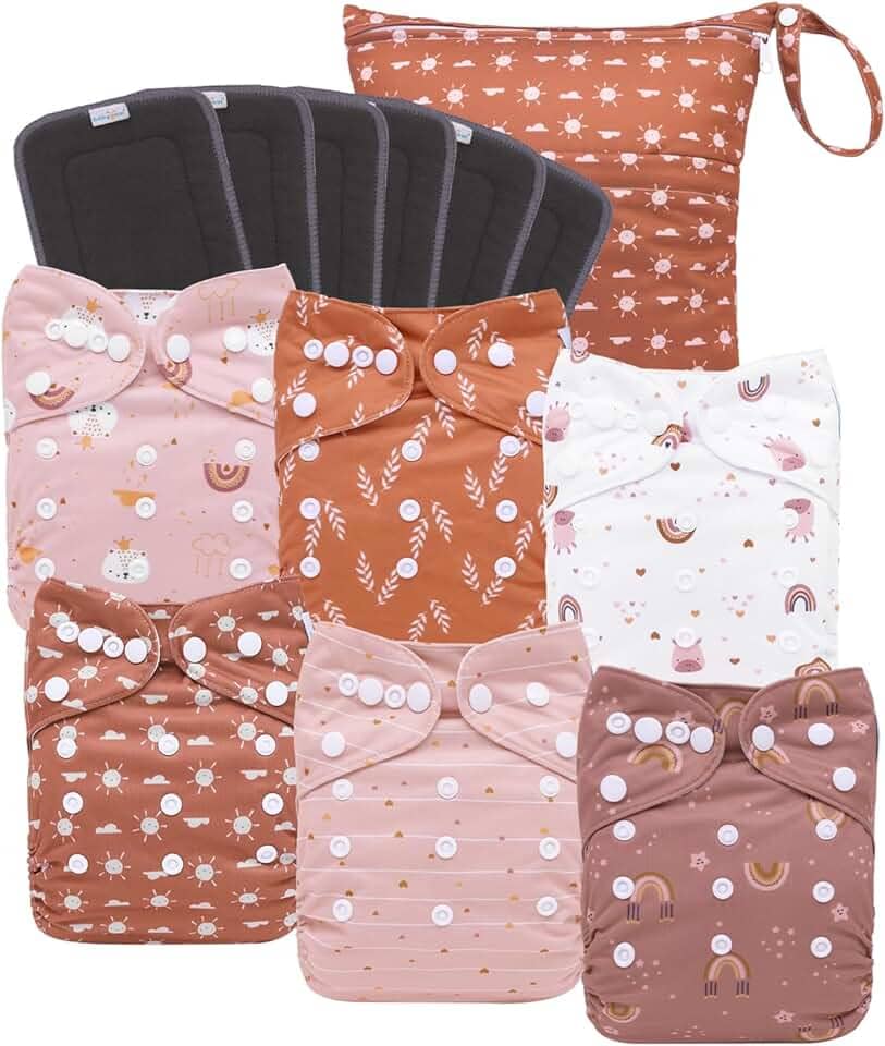 babygoal Fraldas de pano de carvão reutilizáveis com reforços duplos, pacote com 6 fraldas laváveis para bebês com 6 peças de inserções de carvão e bolsa seca úmida (Boho)