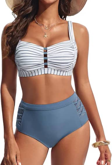 Conjunto de biquíni feminino, cintura alta, 2 peças, controle de barriga, maiô franzido com recorte push-up