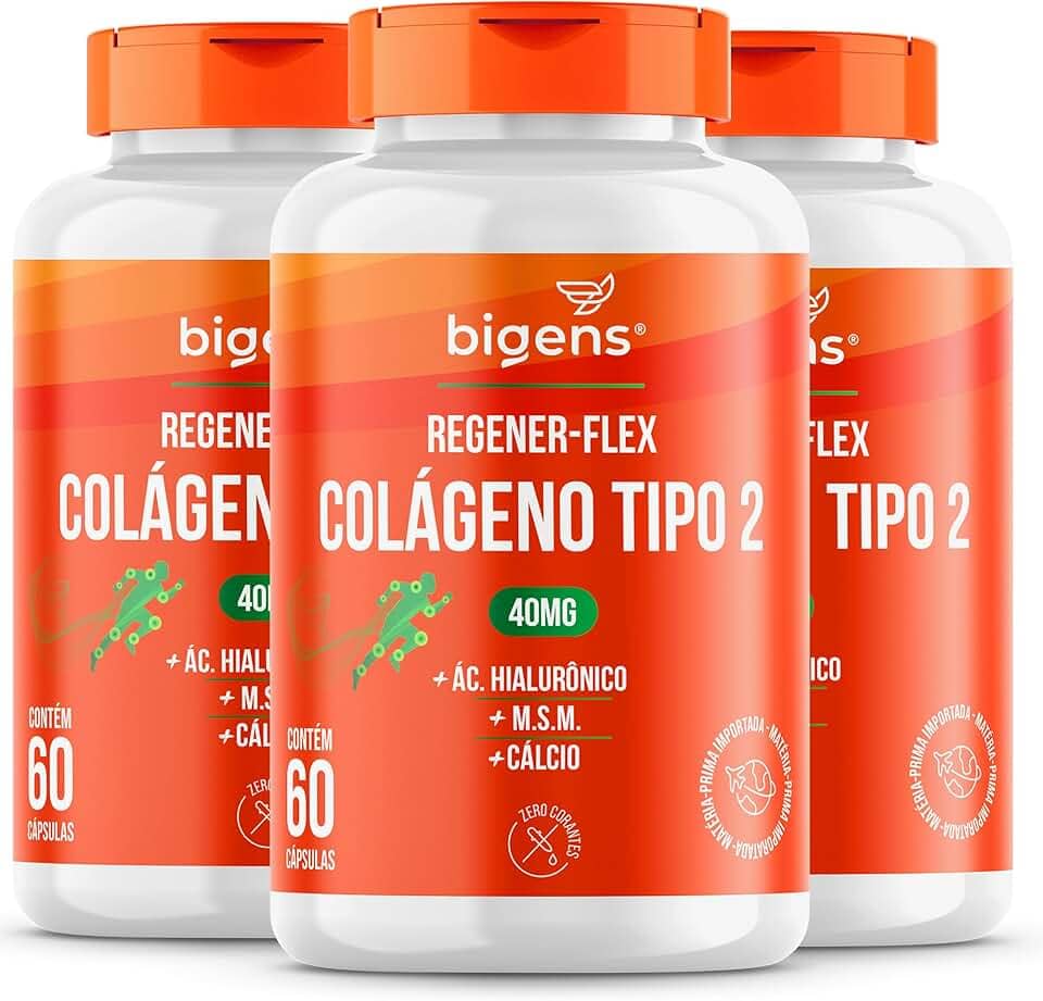 Regener Flex, Colágeno tipo 2 40mg, ácido hialurônico, M.S.M, Cálcio, Bigens, Kit 3x 60 cápsulas