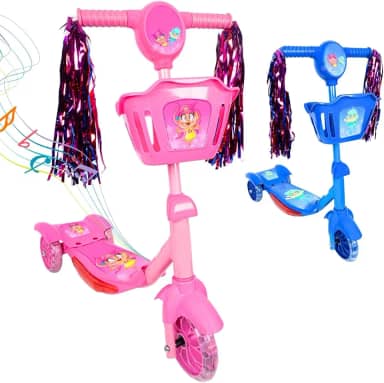 Patinete Infantil 3 Rodas com Luzes Led e Cesta Emite Som Musical Altura Regulável e Freio Traseiro (Rosa)