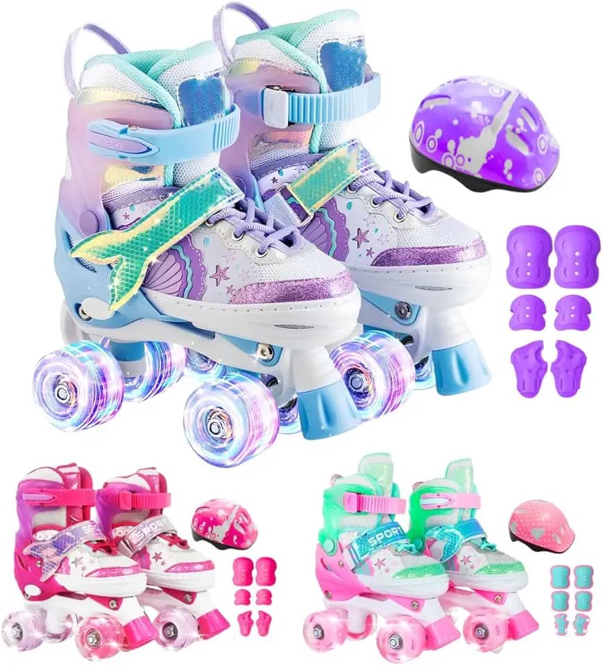 Patins Infantil Led Ajustável 4 Rodas Rodinha E Kit Proteção