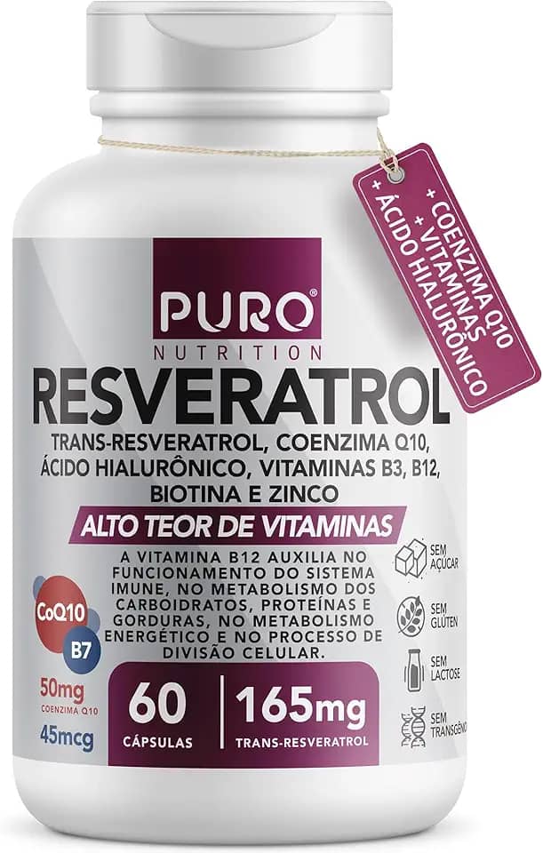 Resveratrol Trans 165 mg Puro Nutrition + Coenzima Q10, Ácido Hialurônico