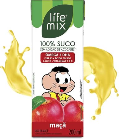 LIFE MIX Turma da Mônica - Suco de Maçã em Caixinha - 100% Suco, Sem Adição de Açúcares, Sem Conservantes e Corantes, Ômega 3 DHA, Vitaminas C e D, Cálcio, Fibras - Vegano - 200ml