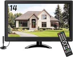 TV portátil de 14 polegadas 1366 x 768 (compatível com 1080P) TV pequena de tela plana HD com antena sintonizadora ATSC, controle remoto/HDMI/USB/AV/VGA, adequado para cozinha, quarto, trailer