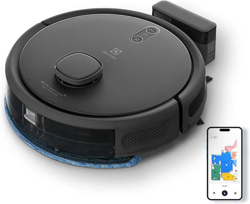 Aspirador de po robo Electrolux conectado automatico varre aspira passa pano ERB60 bivolt preto sensor antiqueda