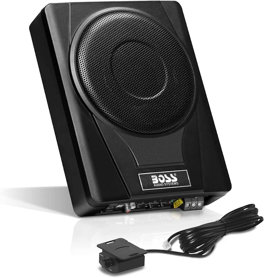 BOSS Audio Systems Subwoofer de carro BASS8 20 cm alimentado por baixo do assento – 800 de alta saída, perfil baixo, amplificador embutido, para caminhão, caixas e gabinetes, controle remoto de
