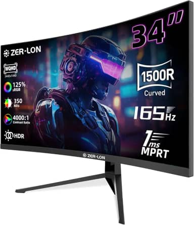 Monitor de jogos curvo de 34 polegadas, monitores de computador Ultrawide 21:9 WQHD 3440×1440 165Hz, 1500R 1ms (MPRT), 125% sRGB, 350nits, FreeSync, HDMI 2.0 x2, DP1.4 x2, montável na parede