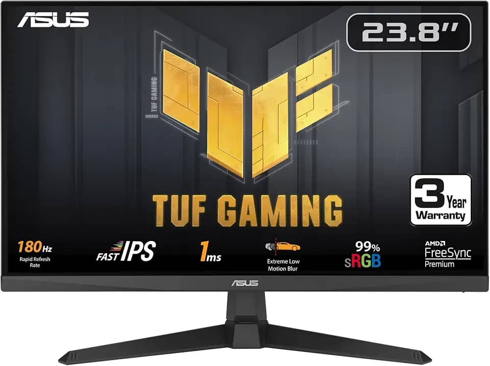 Monitor para jogos ASUS TUF Gaming VG249Q3A de 24” (23,8” visíveis), 1080p, Full HD, 180 Hz, IPS rápido, ELMB, 1 ms, FreeSync Premium, alto-falantes, overdrive variável, 99% sRGB, DisplayPort, HDMI