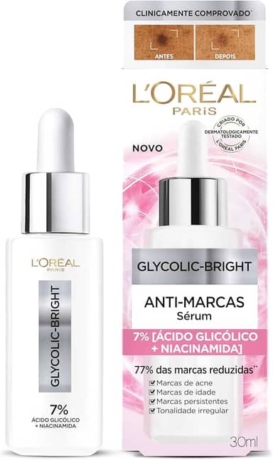 L'Oréal Paris Glycolic Bright Sérum Facial Anti-Marcas, com Ácido Glicólico e Niacinamida, Reduz Marcas de Acne e Idade, Uniformiza o Tom e a Textura da Pele, 30ml