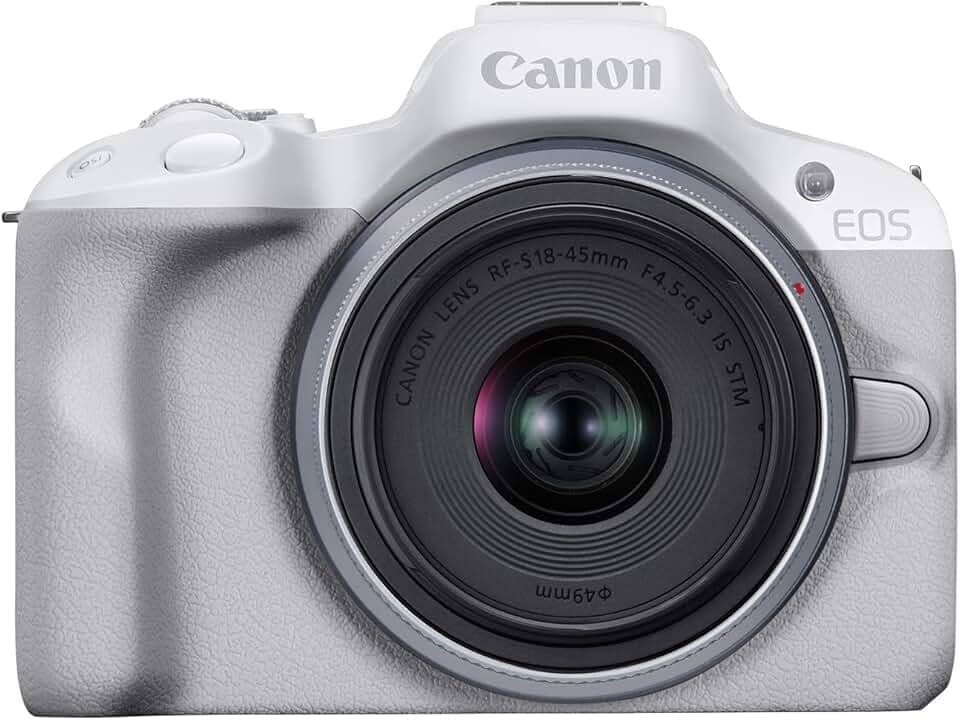 Canon Câmera EOS R50 sem espelho para vlog (branca) com RF-S18-45 mm F4.5-6.3 é lente STM, 24,2 MP, vídeo 4K, detecção de assunto e rastreamento, compacta, conexão com smartphone, criador de conteúdo