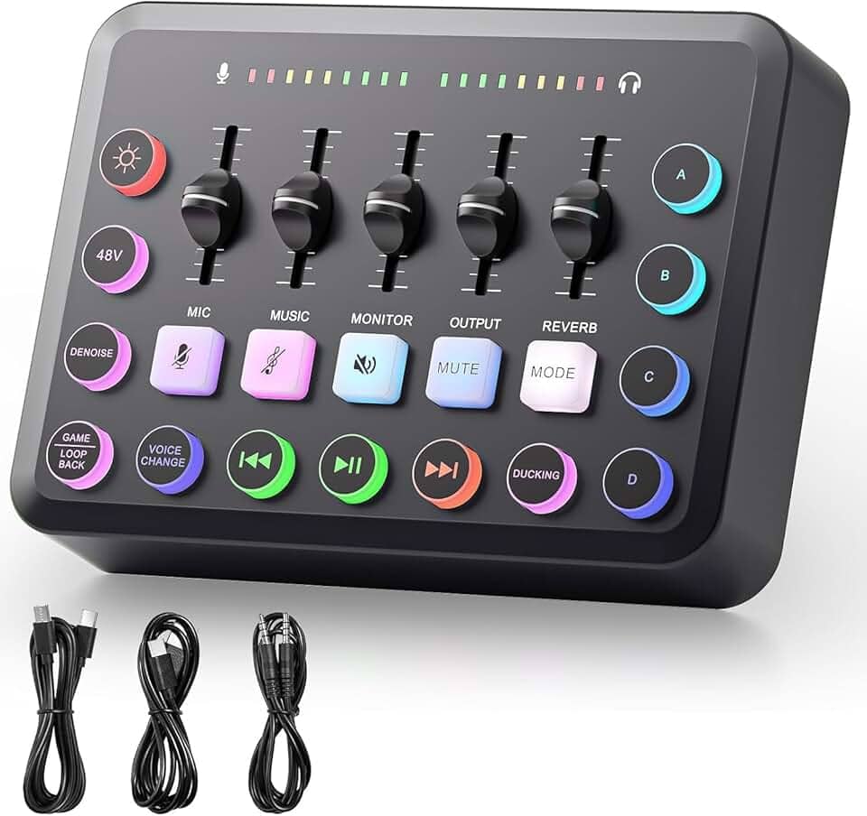 Interface de Audio, Mixer de Áudio RGB para Gaming com 5 Canais, Fonte Fantasma 48V, Live Sound Card with XLR Microphone Interface, Controle Individual, Botão Mute, for Podcast/Vocal/Gravação/Jogos
