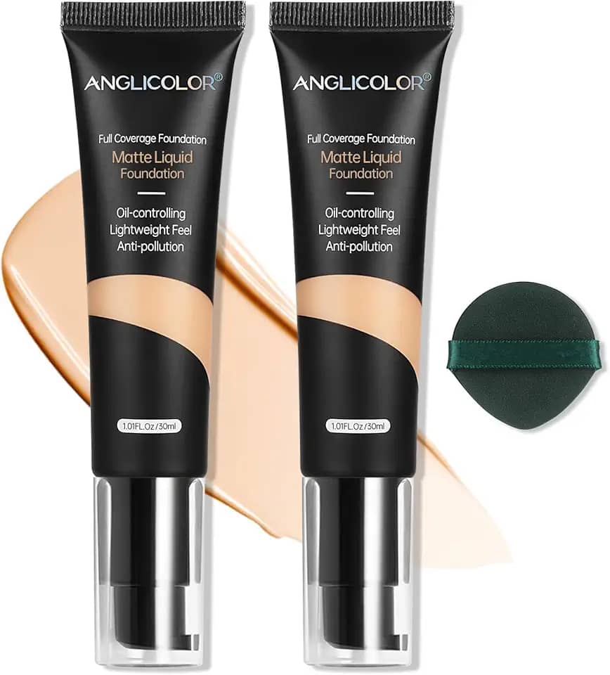 Anglicolor Base corretiva de controle de óleo fosco, 2 peças, maquiagem de base macia e duradoura à prova d'água, cobertura total, base de corretivo forte para pele oleosa com acne (2 peças, 104, 60