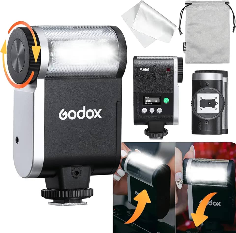 Godox Flash GODOX iA32 Mini câmera flash – Flash automático GN 15, 8 níveis de potência/2,5s Reciclagem/490 tempos de flash/modos automático/manual, mini flash para câmeras Canon/Nikon/Sony/Fuji (não