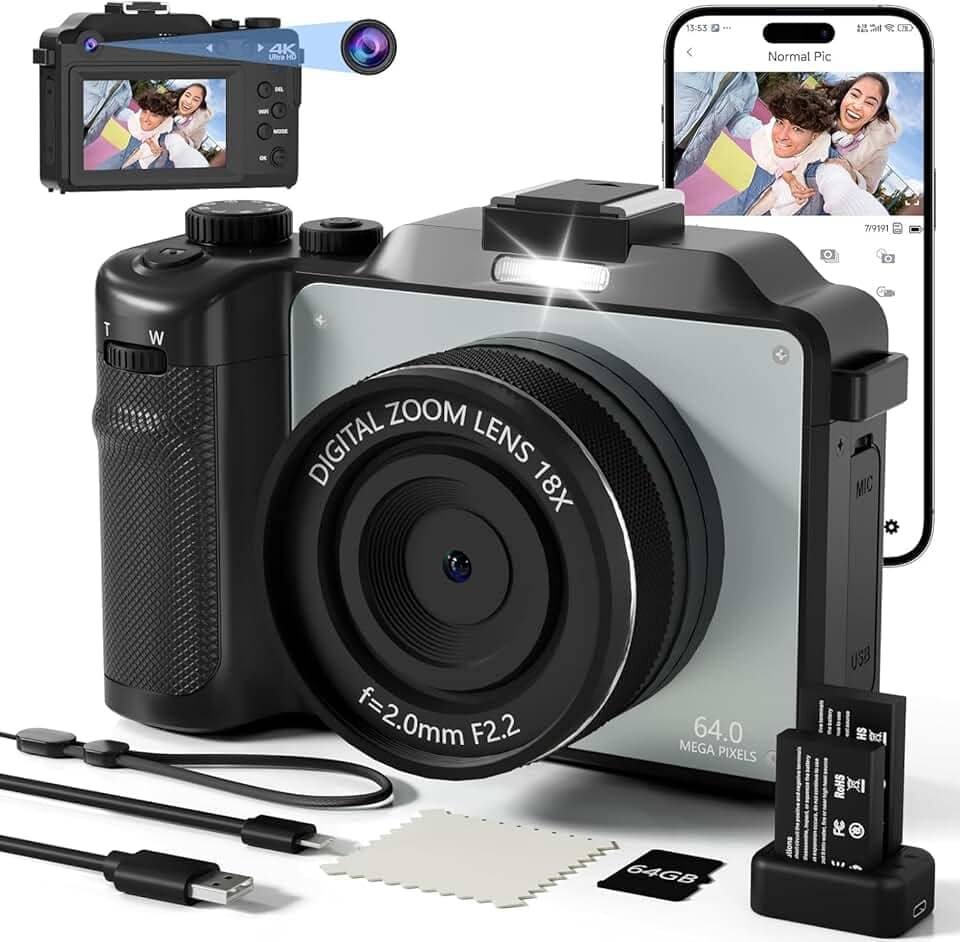 Câmera Digital 4K para fotografia, LucZeng Câmera Vlogging de 48 MP para YouTube com cartão TF de 64 GB, tela LCD de 3", antirvibração, zoom digital de 18x, câmeras digitais compactas para viagens