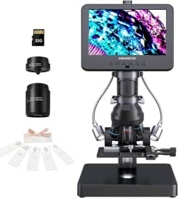 Andonstar AD266S Microscópio digital HDMI 20X-5000X, 5 lentes, gravação de vídeo UHD 2160P, microscópio LCD de 17 cm para adultos e crianças, kit biológico de laboratório doméstico com slides