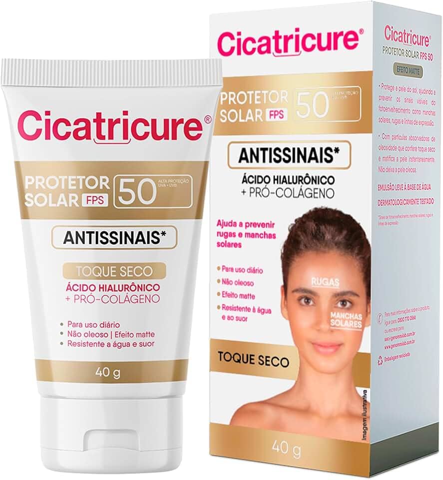 Cicatricure Protetor Solar Facial FPS 50 Antissinais Toque Seco UVA/UVB Para Pele Oleosa, Resistente à Água e Suor, Efeito Matte, Hidratante Diário Skin Care 40 ml