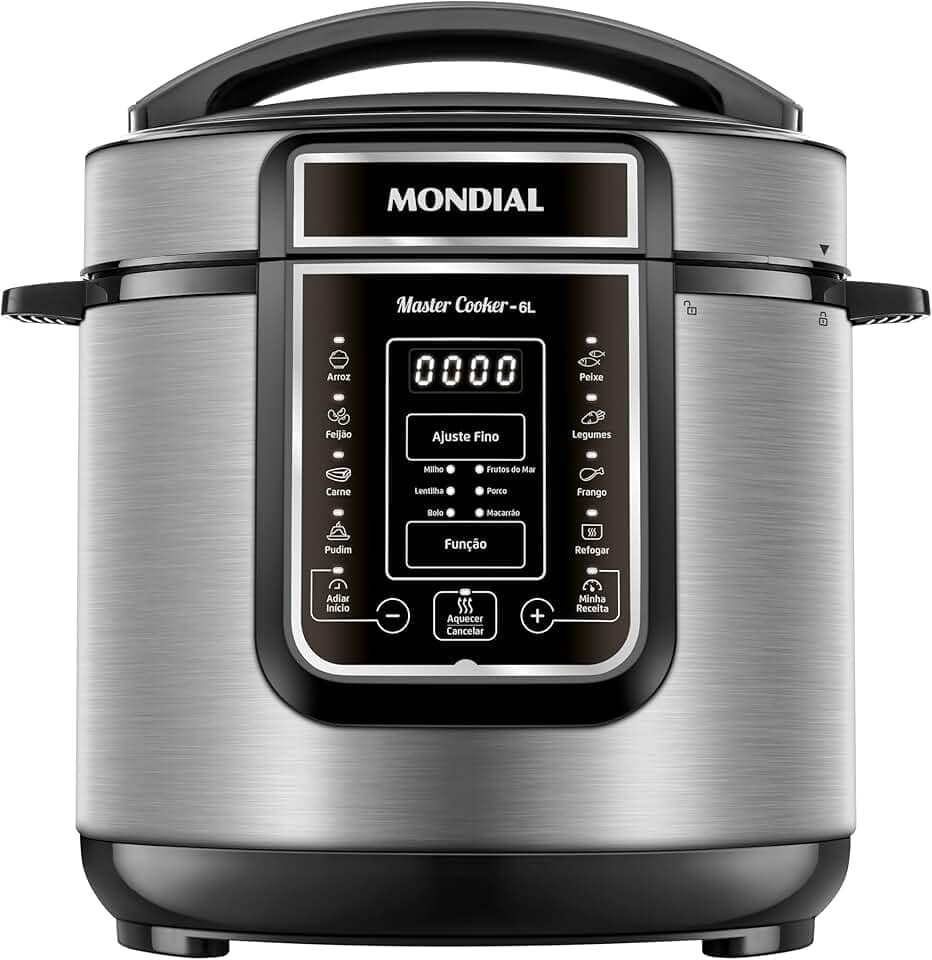 MONDIAL Panela de Pressão Elétrica Digital 6L, Preto/Inox, 1000W, 110V - PE-60-6L-I