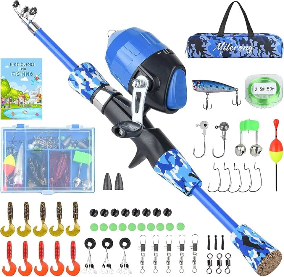 Milerong Vara De Pesca Infantil, Vara De Pesca Infantil, Vara De Pesca Telescópica Portátil E Kit Combinado De Carretel Para Meninos, Meninas, Jovens - Com Carretel De Pesca Spincast, Equipamentos De