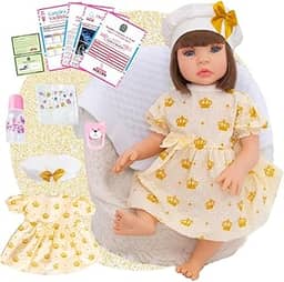 Boneca Bebê Reborn Menina Realista em Silicone com Roupinha e Acessórios Inclusos 45 cm (Dourada)
