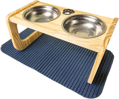 Comedouro Elevado de Madeira Pinus para Cães Médios | Tigelas Inox 700 ml, Removíveis | Acompanha Tapete Antiderrapante 43x33cm | Acabamento em Óleo Mineral Atóxico (Azul)