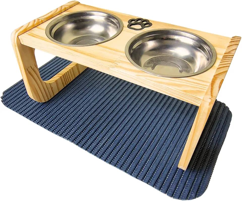 Comedouro Elevado de Madeira Pinus para Cães Médios | Tigelas Inox 700 ml, Removíveis | Acompanha Tapete Antiderrapante 43x33cm | Acabamento em Óleo Mineral Atóxico (Azul)