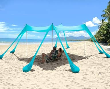 Barraca para Praia 3 x 3 m Tenda com Sacos Areia, Abrigo Praia Portátil Guarda-sol Portátil para Família para 4 a 8 Pessoas, para Viagens Acampamento, Pesca, Diversão no Quintal ou Piqueniques