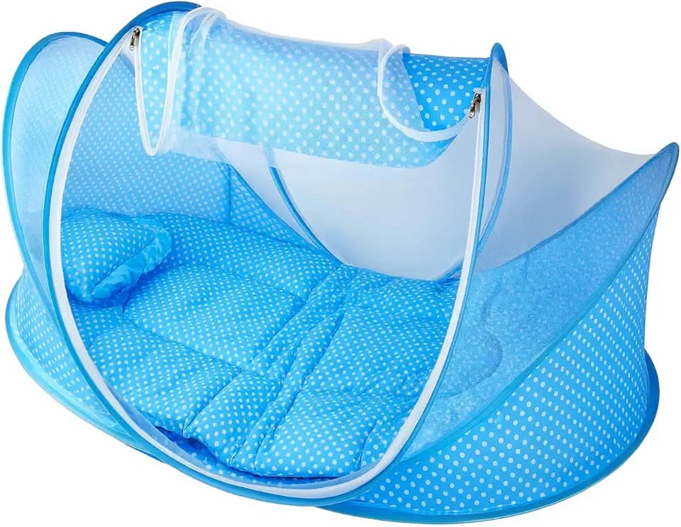 Berço Portátil Dobrável para Bebê com Mosquiteiro Colchonete Travesseiro Proteção Contra Insetos Ideal Para Viagem, Praia e Camping e Uso em Casa. - WDG COMÉRCIO. (AZUL)