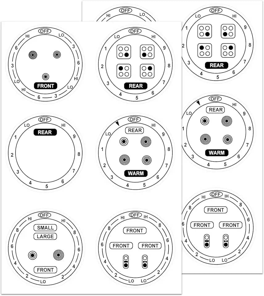 12 peças de adesivos de mostradores de fogão para queimador, fogão, fogão superior, forno, substituição, botão adesivo, símbolos, kit de manípulos elétricos para identificar os queimadores (preto)