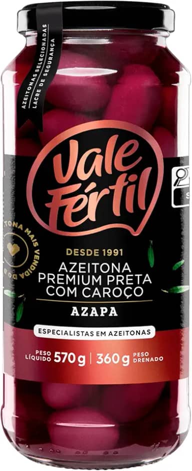 Vale Fértil Azeitona Preta Em Conserva Azapa Com Caroço Premium Vidro 360G Pequeno