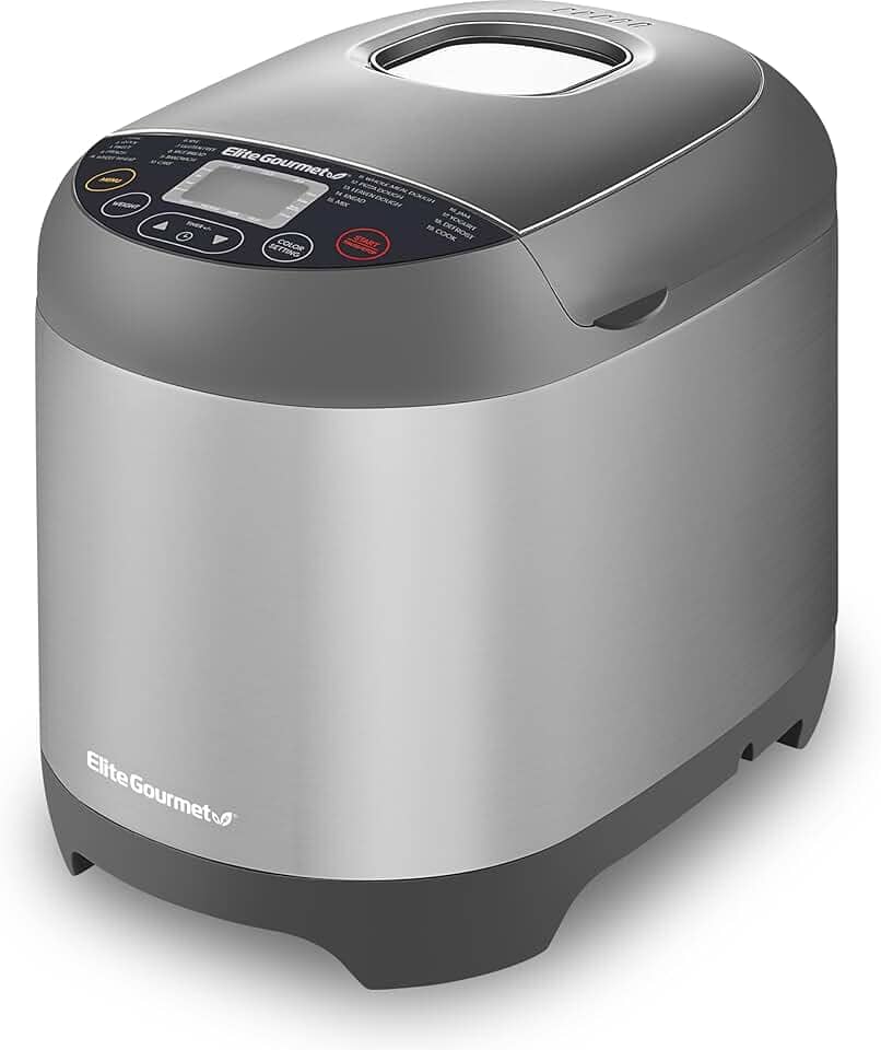 Elite Gourmet EBM8103SS Máquina de fazer pão programável, 3 tamanhos de nozes, 19 funções de menu, sem glúten, trigo branco, centeio francês e mais, 900 g, aço inoxidável