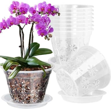 Pote de orquídea, pacote com 8 potes de orquídea de 18 cm com furos e pires, vaso de plástico transparente para repotting, vasos de ventilação respirável para orquídeas Phalaenopsis