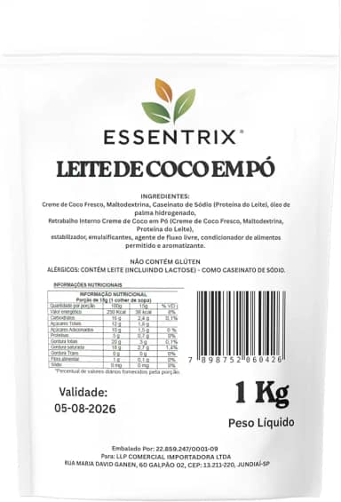 Leite de Coco em Po Essentrix 1Kg – Substituto do Leite em Po, Soluvel e Cremoso, Ideal para Receitas Doces e Salgadas – Sem Glúten