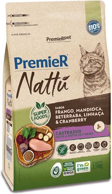 PremieR Pet Nattu Ração Seca para Gatos Castrados Sabor Mandioca 1,5kg