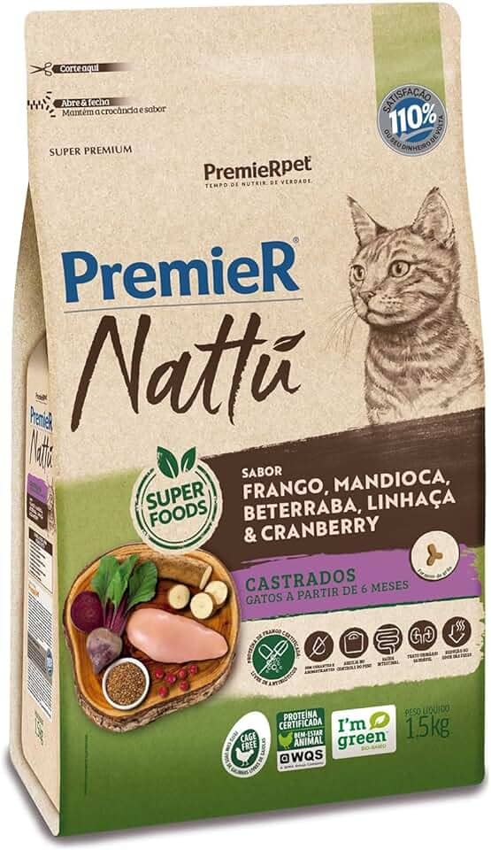 PremieR Pet Nattu Ração Seca para Gatos Castrados Sabor Mandioca 1,5kg