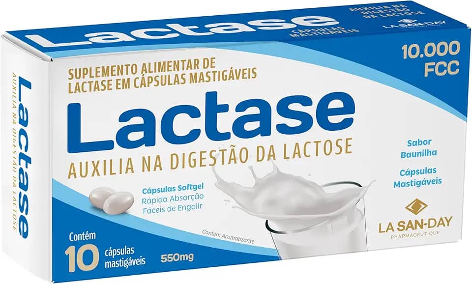 Lactase 10.000 FFC (10 Cápsulas) - É uma enzima que quebra a molécula de lactose (açucar presente no leite e derivados) em glicose e galactose